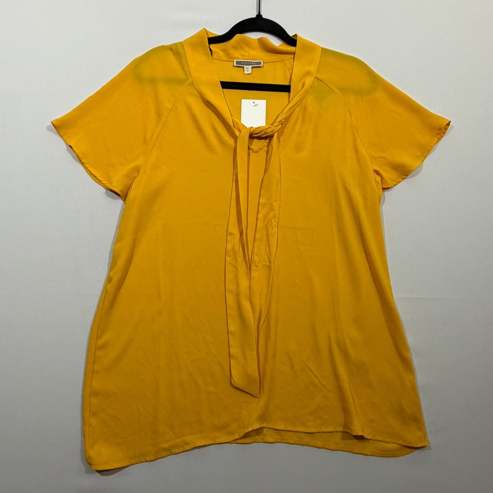 Pleione Blouse Tie Neck Short Sleeve Mustard‎ Yellow Office Career Womens Size M